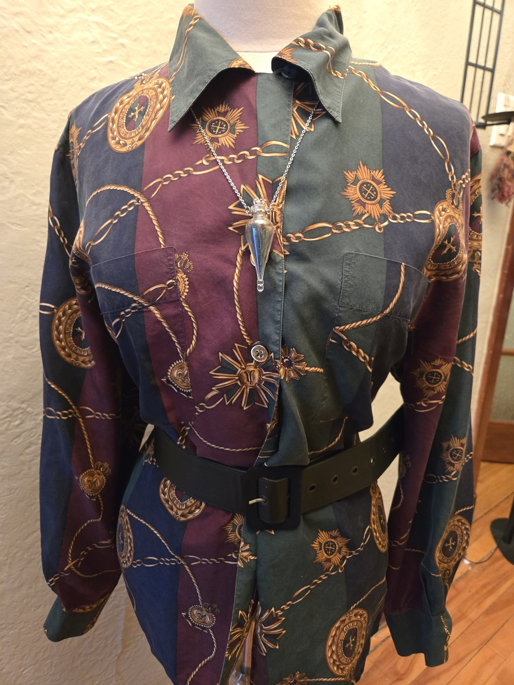 Vintage 100% Silk Button Up Shirt Equestrian Chain Print Ralph Lauren Style - Picture 5 of 10